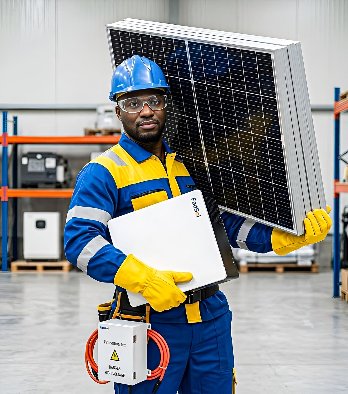 Solar installation professional with panel and inverter