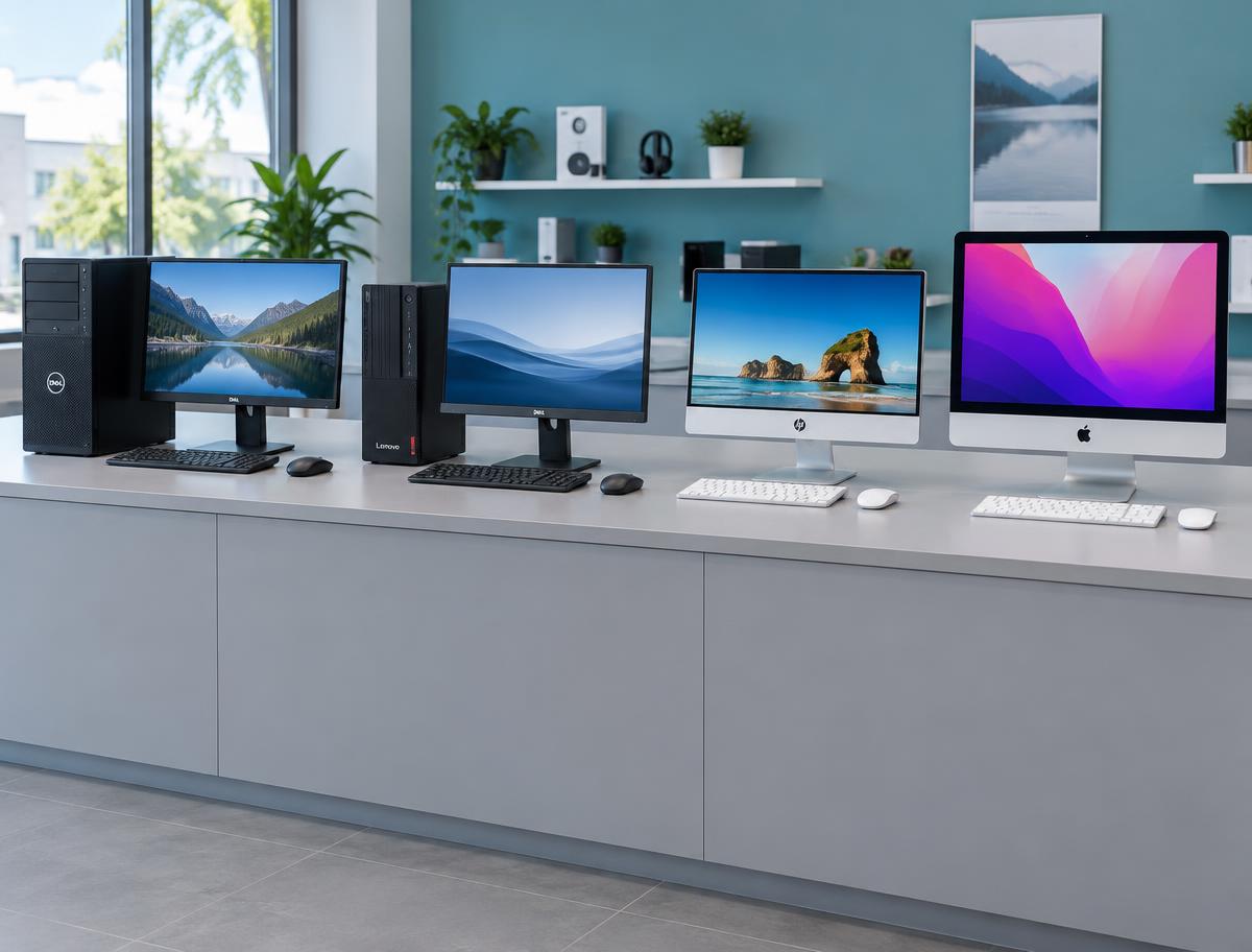 Illustrative Dell, Lenovo, HP and Apple desktop computers